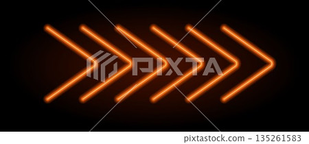 Orange neon arrow element. Warm glowing led direction sign. Shine tube lamps in arrowhead shape. Bright luminous fluorescent pointer effect for banner, poster, logo. Vector neon led light illustration 135261583