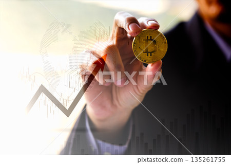 Modern way of exchange. Bitcoin is convenient payment in global economy market. Virtual digital currency and financial investment trade concept. Abstract cryptocurrency with gold bitcoin background. Modern way of exchange. Bitcoin is convenient payment in global economy market. Virtual digital currency and financial investment trade concept. Abstract cryptocurrency with gold bitcoin background. 135261755