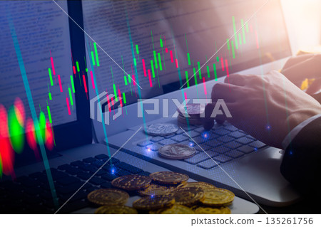Modern way of exchange. Bitcoin is convenient payment in global economy market. Virtual digital currency and financial investment trade concept. Abstract cryptocurrency with gold bitcoin background. 135261756