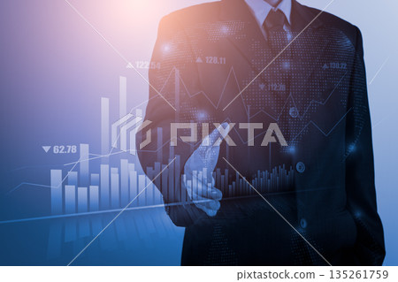 Stock market or forex trading graph and candlestick chart suitable for financial investment concept. Economy trends background for business idea and all art work design. Abstract finance background. Stock market or forex trading graph and candlestick chart suitable for financial investment concept. Economy trends background for business idea and all art work design. Abstract finance background. 135261759