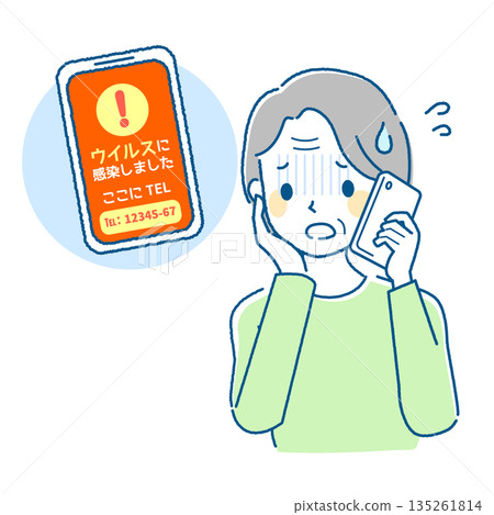 一位老年婦女在智慧型手機上遭遇網路詐騙的插圖 135261814