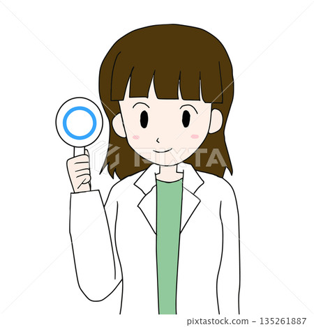 Illustration of a female doctor holding a circle mark 135261887