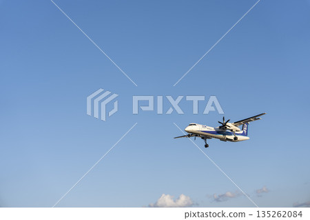 傍晚的大阪機場(伊丹機場)。一架飛機正在降落。大阪府豐中市。 傍晚的大阪機場(伊丹機場)。一架飛機正在降落。大阪府豐中市。 135262084