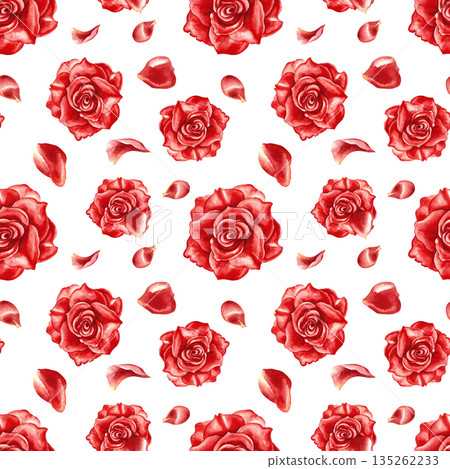 Seamless pattern with red roses and rose petals. Hand-drawn watercolor illustration. Perfect for textiles, wrapping paper, wallpaper and packaging, tablecloths and curtains, decor, and more. 135262233