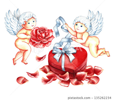 Cute cupids flying over a heart-shaped gift box on the petals of red roses. Hand-drawn watercolor illustration. Cupids preparing a Valentine's Day gift. For greeting and invitation cards and more. 135262234