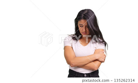 Depressed woman feeling lonely and sad on transparent background 135262314