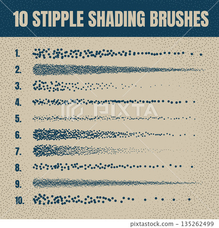 Ink scatter brush, stipple drawing and texturing. Fading gradient. Stippling, dotwork drawing, shading using dots. Halftone disintegration effect. White noise grainy texture. Vector illustration 135262499