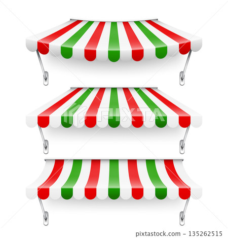 Shop sunshade with metal holder. Realistic striped cafe awning. Outdoor market tent. Roof canopy in Italian flag colors. Summer street store. Vector illustration Shop sunshade with metal holder. Realistic striped cafe awning. Outdoor market tent. Roof canopy in Italian flag colors. Summer street store. Vector illustration 135262515