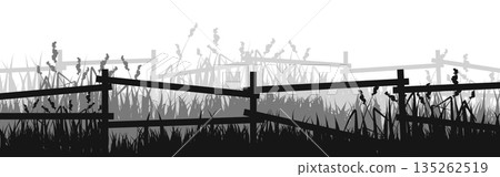Meadow silhouettes with grass and old wooden fence. Countryside, panoramic summer lawn rural landscape with herbs, weeds. Herbal border, frame element. Black horizontal banners. Vector illustration Meadow silhouettes with grass and old wooden fence. Countryside, panoramic summer lawn rural landscape with herbs, weeds. Herbal border, frame element. Black horizontal banners. Vector illustration 135262519