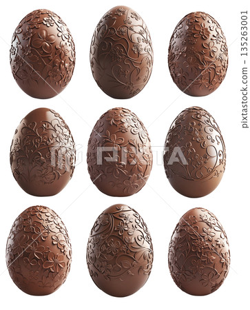 A hollow chocolate egg with cracked shell, revealing its smooth interior, isolated on white transparent background. 135263001