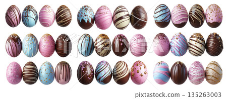 Luxurious chocolate Easter eggs with pastel and dark chocolate coatings, isolated on white background Luxurious chocolate Easter eggs with pastel and dark chocolate coatings, isolated on white background 135263003