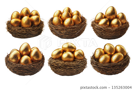 Nest filled with golden eggs isolated on white transparent background. Nest filled with golden eggs isolated on white transparent background. 135263004