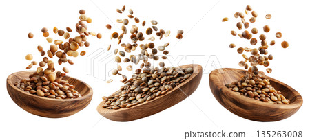 Brown lentils flying from natural wooden bowl, isolated on white transparent background, concept of healthy eating Brown lentils flying from natural wooden bowl, isolated on white transparent background, concept of healthy eating 135263008