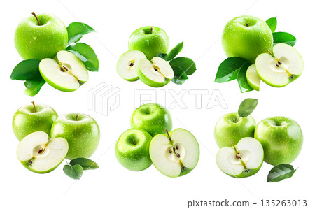 Set of green apples, one sliced in half, with a green leaf isolated on white transparent background 135263013