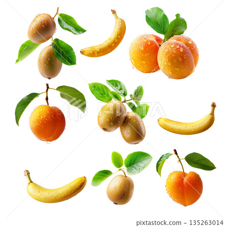 Set of banana, kiwi and apricot with dew drops and leaves isolated on white background 135263014