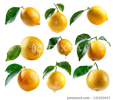 Set of yellow lemons with vibrant green leaves isolated on white transparent background Set of yellow lemons with vibrant green leaves isolated on white transparent background 135263017
