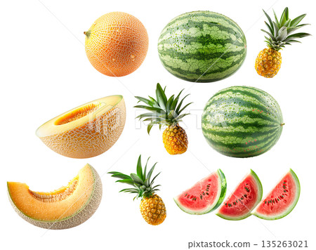 Set of pineapple, watermelon and cantaloupe melon with green leaves isolated on white background 135263021