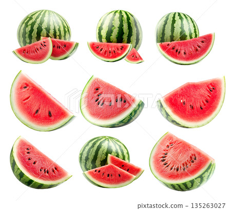 Set of fresh and juicy watermelon and slices isolated on white transparent background 135263027