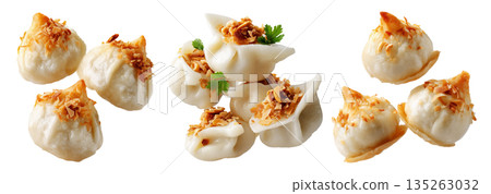 Banana coconut rice balls topped with toasted almonds, isolated on white background, concept of Micronesia Asian dessert Banana coconut rice balls topped with toasted almonds, isolated on white background, concept of Micronesia Asian dessert 135263032