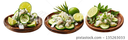 Ika Mata raw fish salad from the Cook Islands with seafood, lime, cucumber, and coconut, isolated on white background Ika Mata raw fish salad from the Cook Islands with seafood, lime, cucumber, and coconut, isolated on white background 135263033