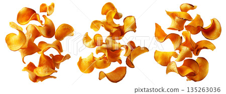 Kumara sweet potato chips isolated on white transparent background, representing healthy New Zealand snack food concept Kumara sweet potato chips isolated on white transparent background, representing healthy New Zealand snack food concept 135263036