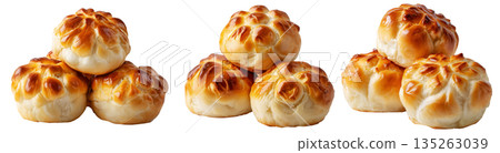 Panipopo sweet rolls baked in coconut milk with golden crust isolated on white background, concept of bakery and food freshness 135263039