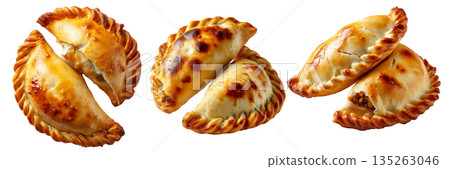 Argentina and Uruguay empanadas stacked in a pyramid, golden baked crust, meat and potato filling, isolated on white background Argentina and Uruguay empanadas stacked in a pyramid, golden baked crust, meat and potato filling, isolated on white background 135263046