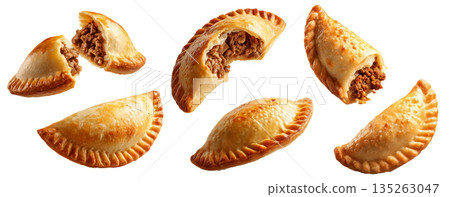Argentina and Uruguay empanadas stacked in a pyramid, golden baked crust, meat and potato filling, isolated on white background Argentina and Uruguay empanadas stacked in a pyramid, golden baked crust, meat and potato filling, isolated on white background 135263047