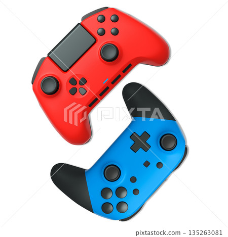 Wireless gaming controllers flying in air isolated on white background, symbolizing gaming technology concept Wireless gaming controllers flying in air isolated on white background, symbolizing gaming technology concept 135263081