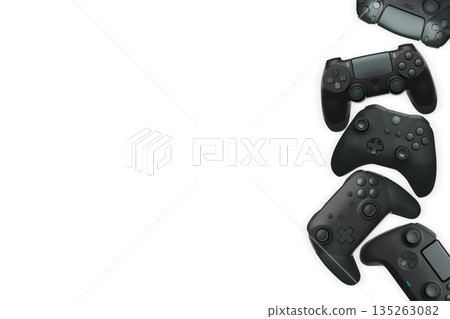 Wireless gaming controllers flying in air isolated on white background, symbolizing gaming technology concept Wireless gaming controllers flying in air isolated on white background, symbolizing gaming technology concept 135263082