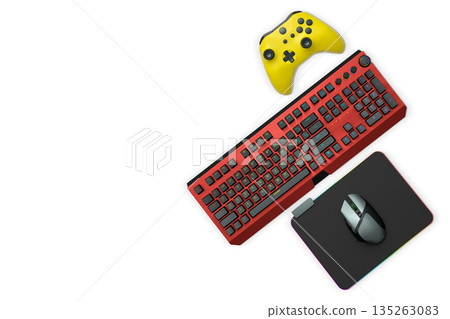 Gaming mouse, controller, RGB keyboard and headphones displayed in flat lay style isolated on white background with clipping path. 135263083