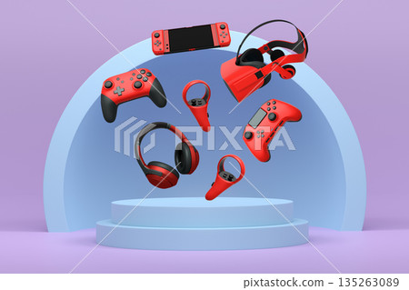 Assorted gaming gadgets like controllers, VR headset, mouse, and mic floating above circular podium and white platform 135263089