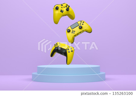 Colorful gaming controllers joystick levitating over podium against abstract background, minimalist concept device on pedestal 135263100