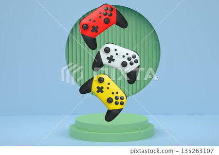 Colorful gaming controllers joystick levitating over podium against abstract background, minimalist concept device on pedestal 135263107