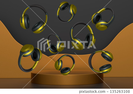 Multiple wireless headphones floating above platform or podium on abstract background, symbolizing audio tech 135263108