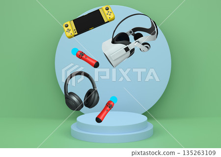 Floating gaming devices like VR headset, controllers, and headphones over podium on abstract background. Concept of modern gaming 135263109