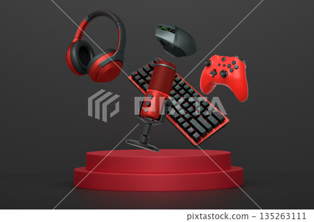 Gaming keyboard, mouse, controllers, microphone and headphones floating above podium on abstract pastel background Gaming keyboard, mouse, controllers, microphone and headphones floating above podium on abstract pastel background 135263111