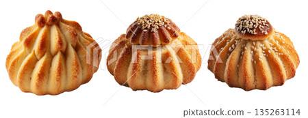 Set of Maamoul traditional sesame covered pastry, cookies powdered with sugar on white background. Concept of baked dessert food 135263114