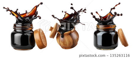 Set of Egyp Molasses black syrup jar splashing from a polished jar, isolated on white background, concept of Arabic Cuisine 135263116