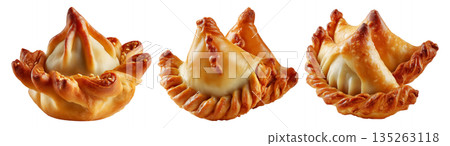 Set of Sambousek small crescent baked dumpling with twisted and pinched crust with cheese or meat, isolated on white background 135263118