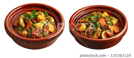 Set of Wooden bowl filled with fluffy couscous, roasted zucchini, peppers, carrots, and herbs on white transparent background Set of Wooden bowl filled with fluffy couscous, roasted zucchini, peppers, carrots, and herbs on white transparent background 135263120