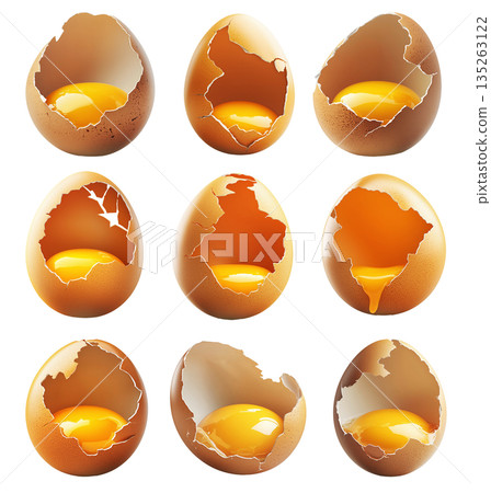 Close-up of cracked brown egg with yolk inside eggshell, isolated on white transparent background. Close-up of cracked brown egg with yolk inside eggshell, isolated on white transparent background. 135263122