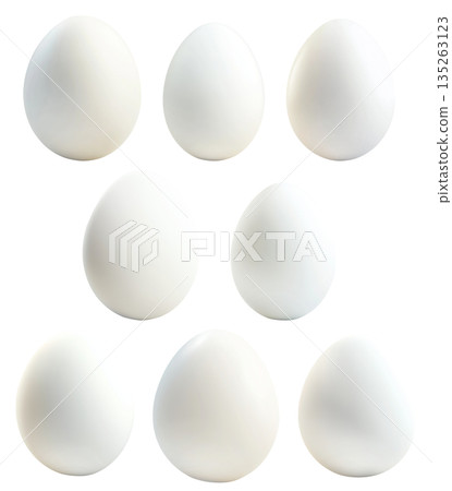 Single white egg with smooth texture isolated on white transparent background. Concept of food and ingredients Single white egg with smooth texture isolated on white transparent background. Concept of food and ingredients 135263123