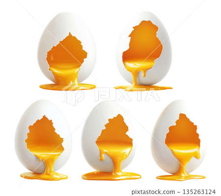 Close-up of cracked white egg with yolk inside eggshell, isolated on white transparent background. 135263124