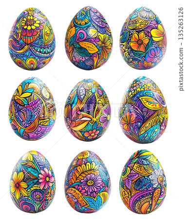 Decorative Easter egg with intricate floral patterns in vibrant colors isolated on white transparent background. Decorative Easter egg with intricate floral patterns in vibrant colors isolated on white transparent background. 135263126