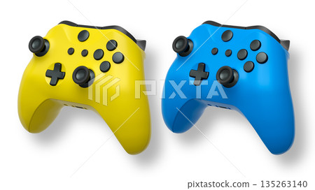 Wireless gaming controllers flying in air isolated on white background, symbolizing gaming technology concept 135263140