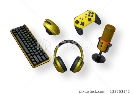 Gaming accessories including VR headset, controllers, mouse, headphones, and mic isolated on white background with clipping path Gaming accessories including VR headset, controllers, mouse, headphones, and mic isolated on white background with clipping path 135263142