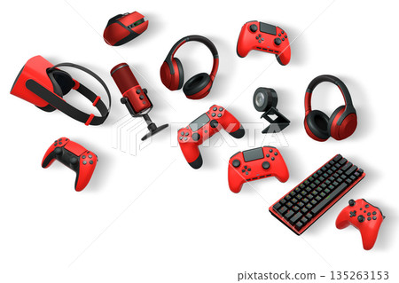 Gaming accessories like controllers, VR headset, headphones, keyboard, and microphone on white background with clipping path 135263153