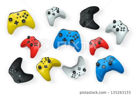 Wireless gaming controllers flying in air isolated on white background, symbolizing gaming technology concept 135263155
