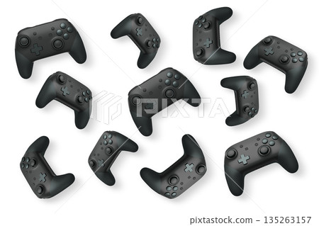 Wireless gaming controllers flying in air isolated on white background, symbolizing gaming technology concept 135263157